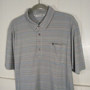 Travis Mathew Shirt Golf Pocket Logo Polo Men's Large Gray Blue Stripe Cotton SS
